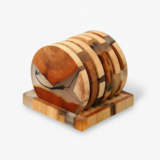 Wood Coasters Set - Japanese Design - Resin Accents