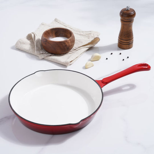 Cast Iron Fry Pan with Enameled Finish and Ombre Red Color