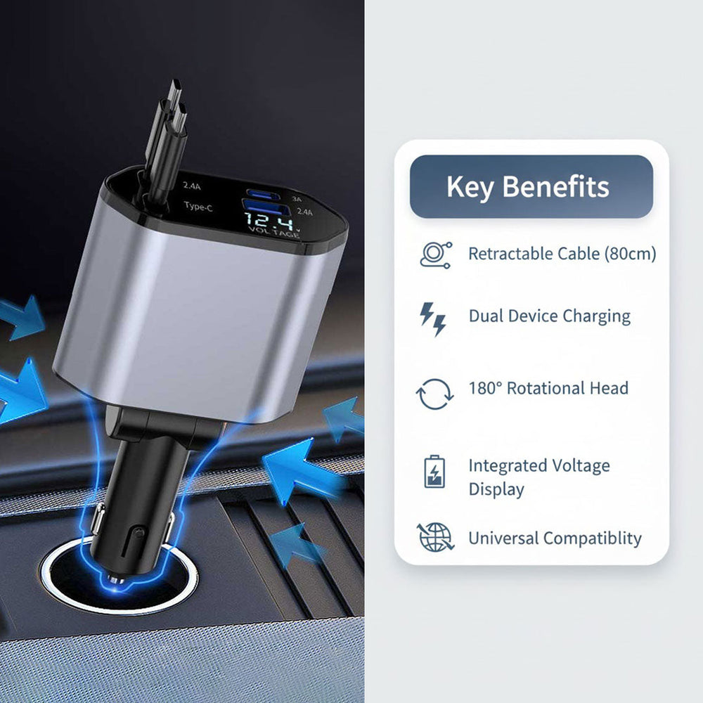 Car Charger Adapter - Retractable Cable - Dual Por