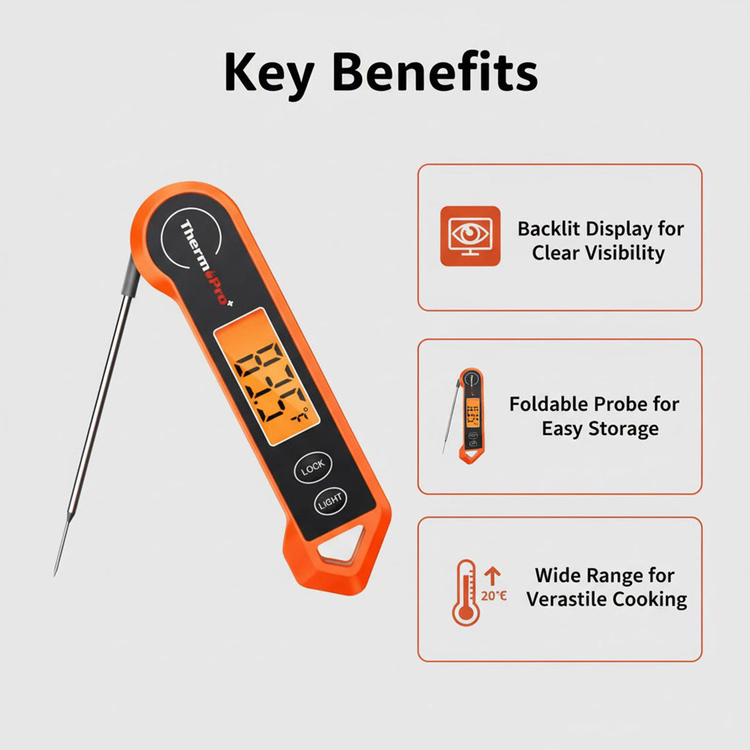 Digital Food Thermometer - Backlit Display - Foldable Probe