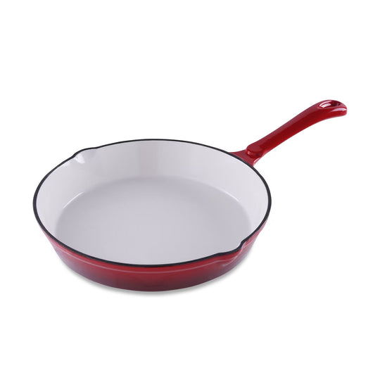Cast Iron Fry Pan with Enameled Finish and Ombre Red Color
