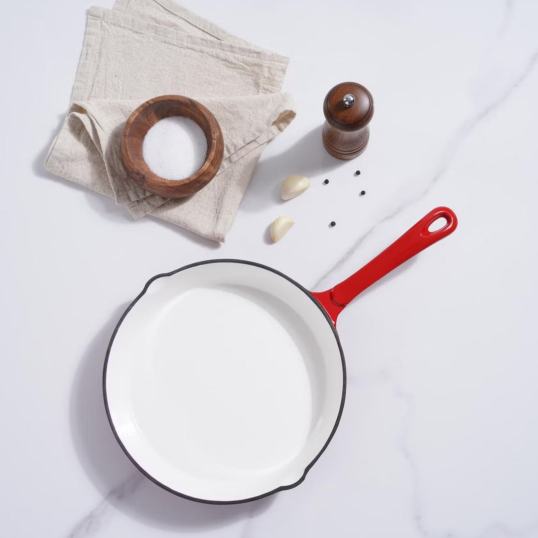 Cast Iron Fry Pan with Enameled Finish and Ombre Red Color