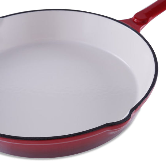 Cast Iron Fry Pan with Enameled Finish and Ombre Red Color