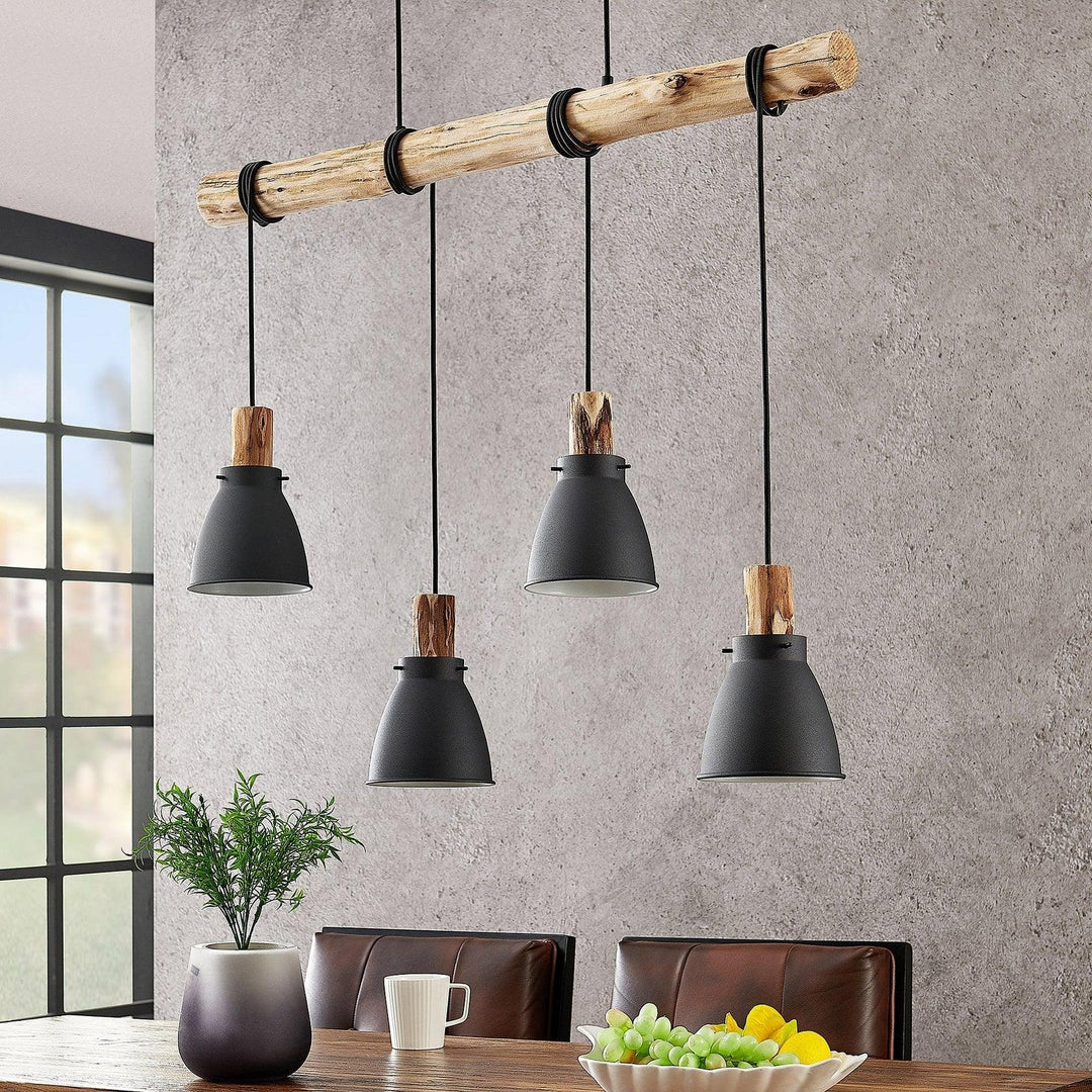 Pendant Light - Rustic Wood - Black Metal - Luvonic