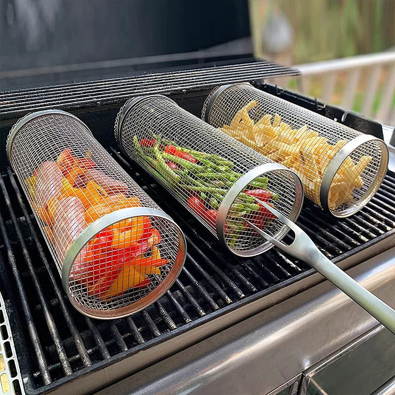 BBQ Grill Basket - Stainless Steel - Rotating Cylinder