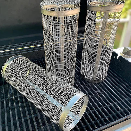 BBQ Grill Basket - Stainless Steel - Rotating Cylinder