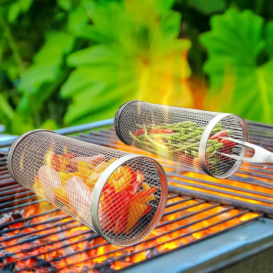 BBQ Grill Basket - Stainless Steel - Rotating Cylinder