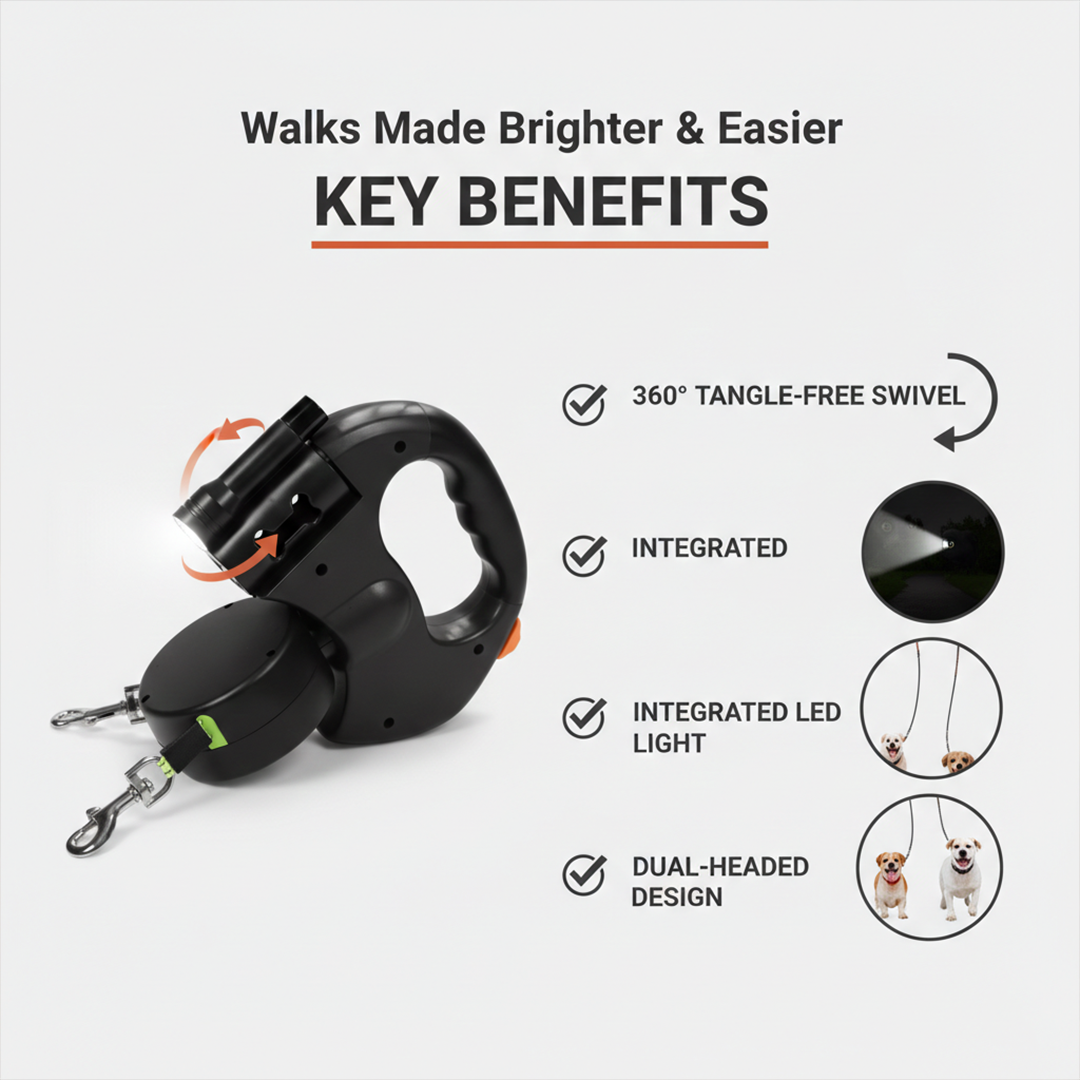Dog Leash with Tangle-Free Design and LED Light