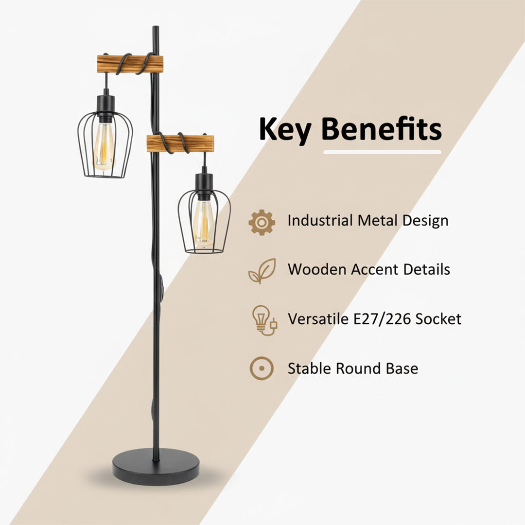 Floor Lamp - Industrial Frame - Wooden Accents