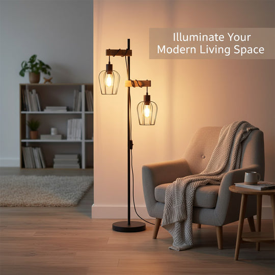Floor Lamp - Industrial Frame - Wooden Accents