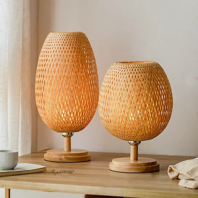 Table Lamp - Bamboo Shade - Wooden Base