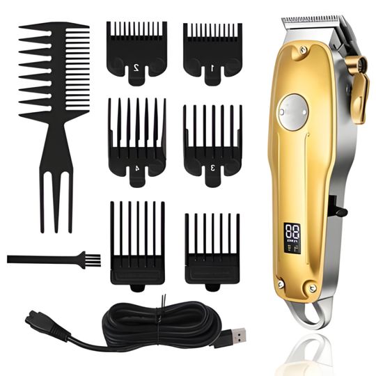 Hair Clipper Set with Adjustable Blades and Gold Finish