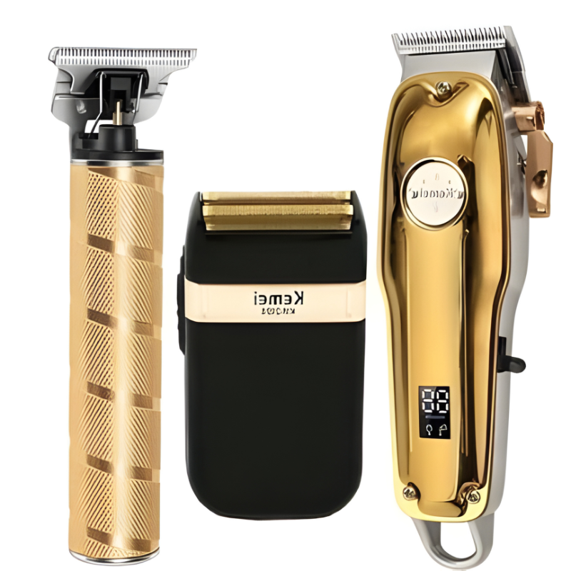 Hair Clipper Set with Adjustable Blades and Gold Finish