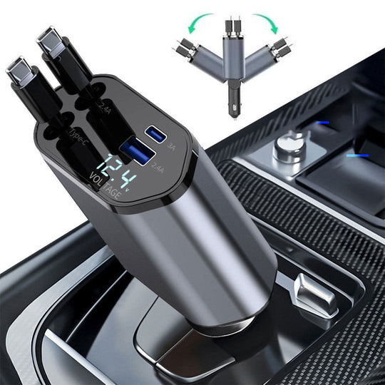Car Charger with Retractable Cable and Dual Ports