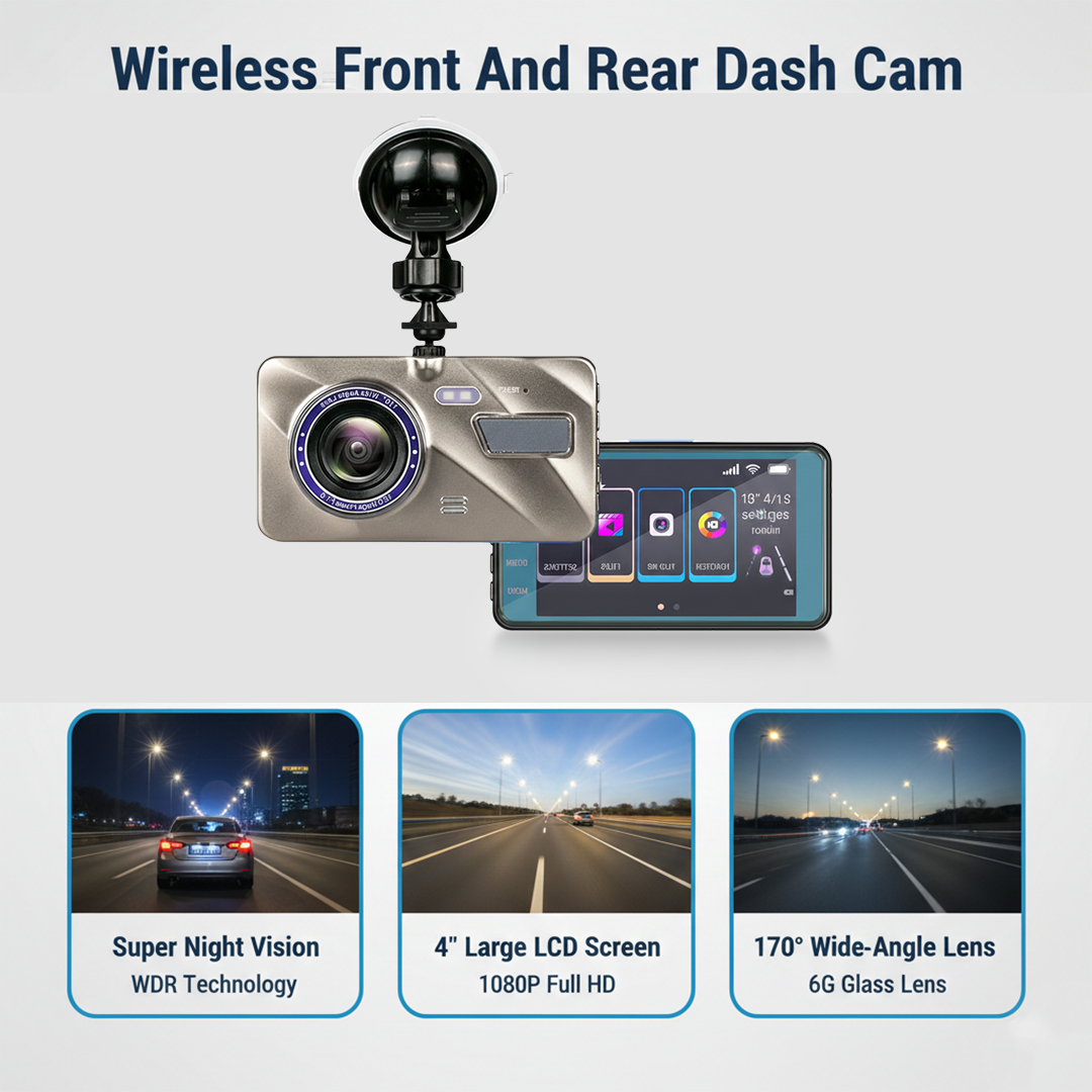 Dash Cam with Wireless Front and Rear Recording