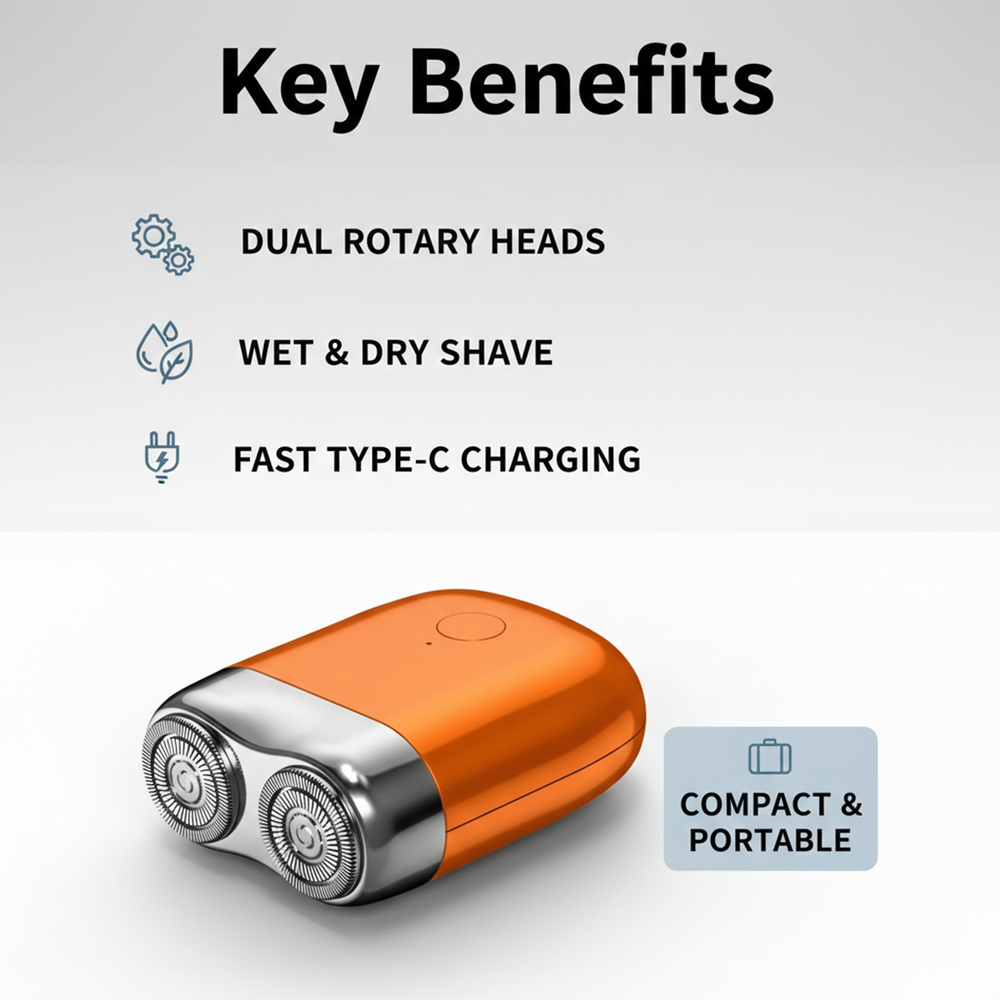 Electric Shaver with Dual Rotary Blades and Wet-Dry Use