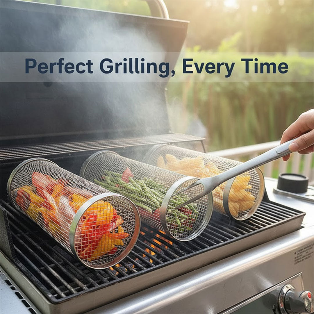 Grill Basket with Stainless Steel and Rotating Design