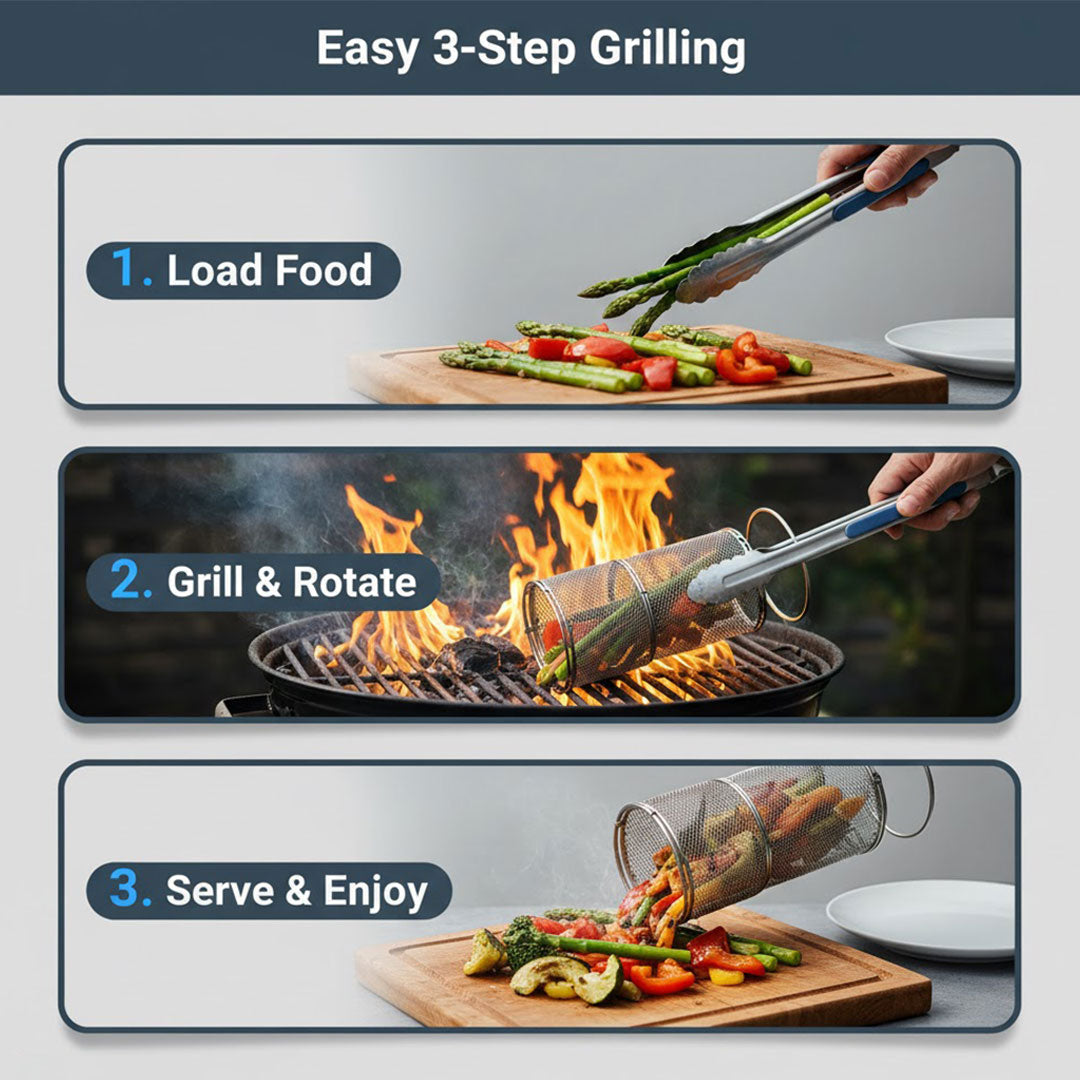 Grill Basket with Stainless Steel and Rotating Design