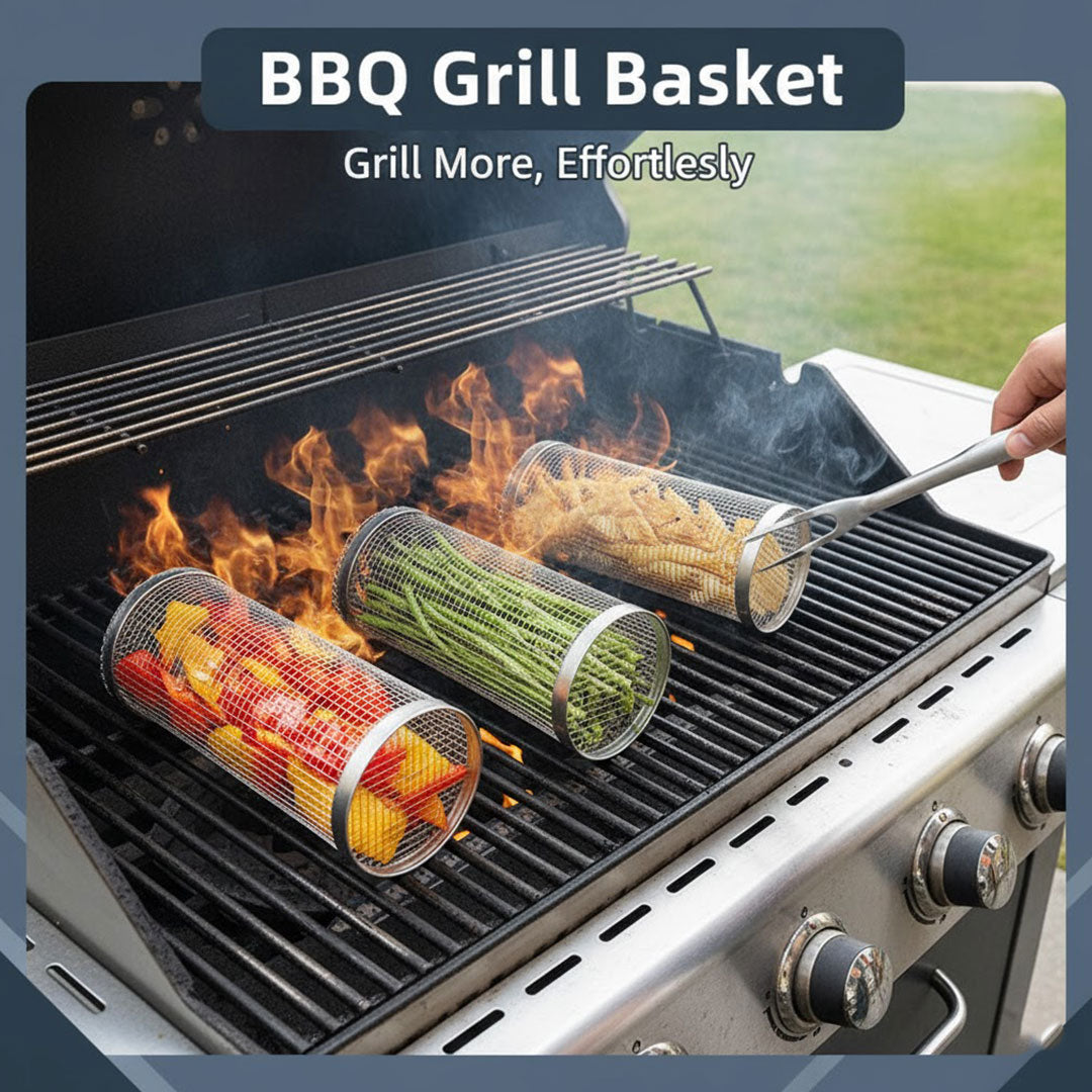 Grill Basket with Stainless Steel and Rotating Design