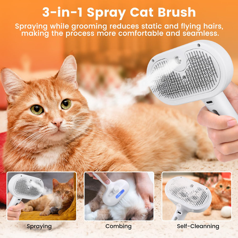 Grooming Brush with Steam Spray and Self-Cleaning