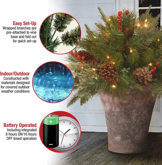 Urn Filler with Pre-Lit LEDs and Evergreen Foliage