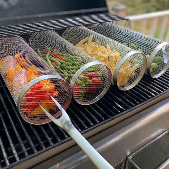 Grill Basket with Rotating Design and Locking Latch