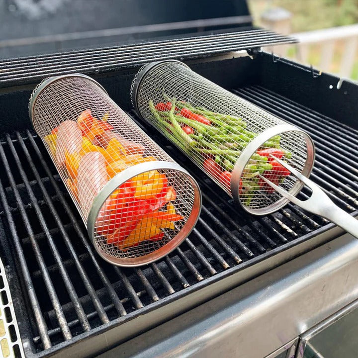 Grill Basket with Rotating Design and Locking Latch