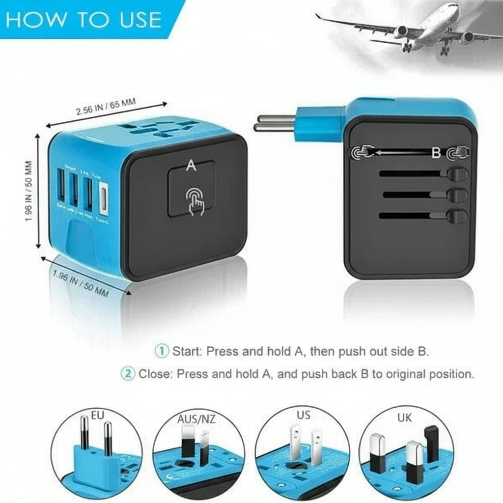 Travel Power Adapter with USB Ports and Worldwide Compatibility