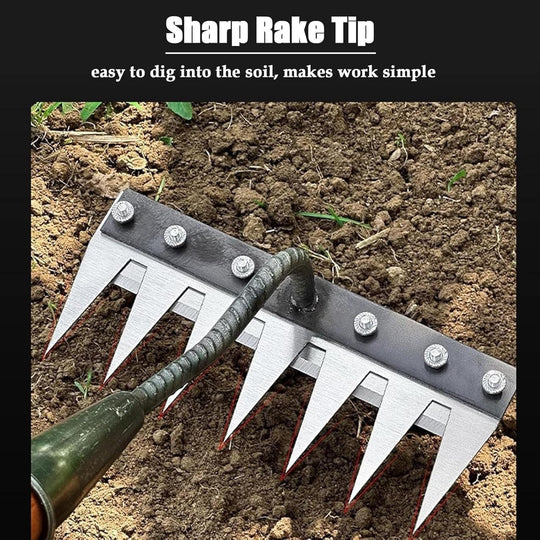 Garden Rake with Carbon Steel Construction and Ergonomic Handle