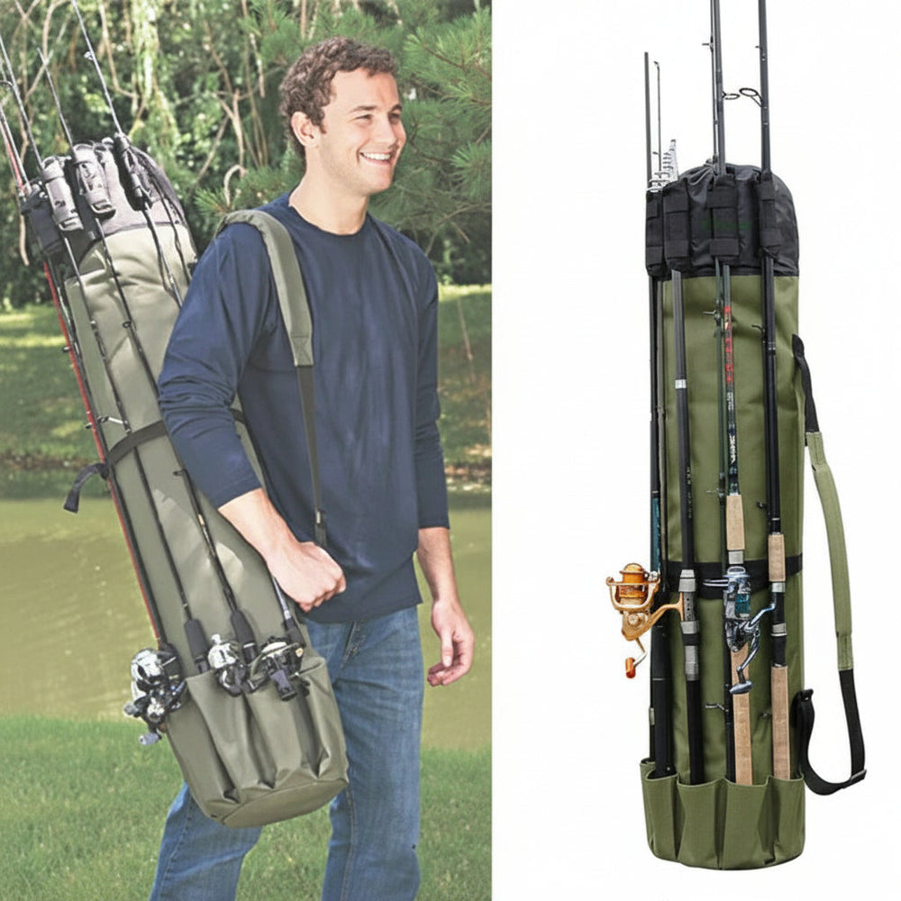 Fishing Gear Bag with Multi-Pocket Storage and Rod Holder