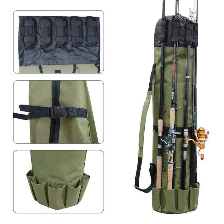 Fishing Gear Bag with Multi-Pocket Storage and Rod Holder