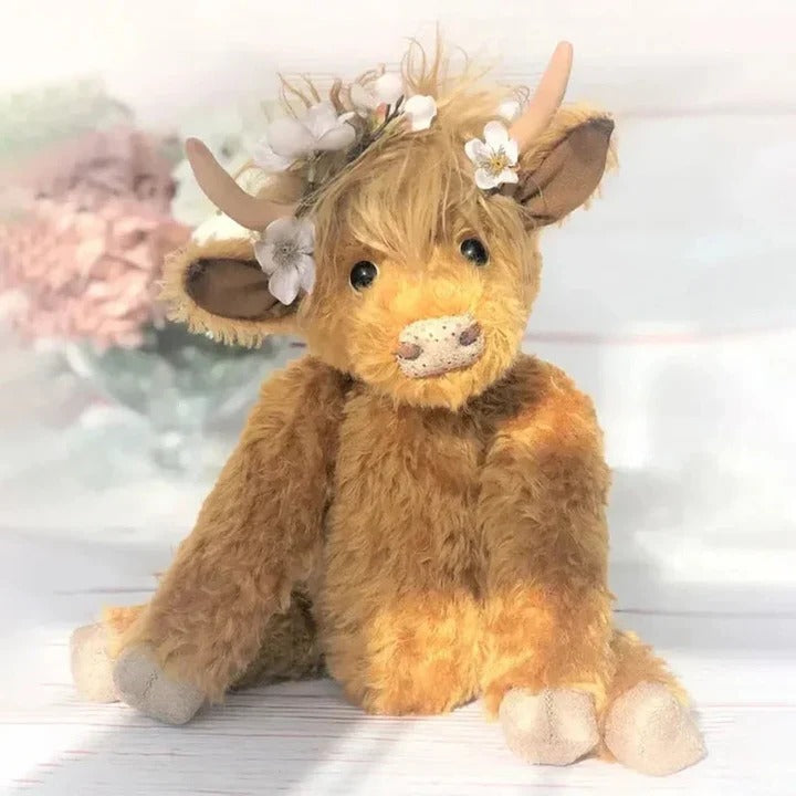 Highland Cow Plush Toy with Floral Design and Soft Fur