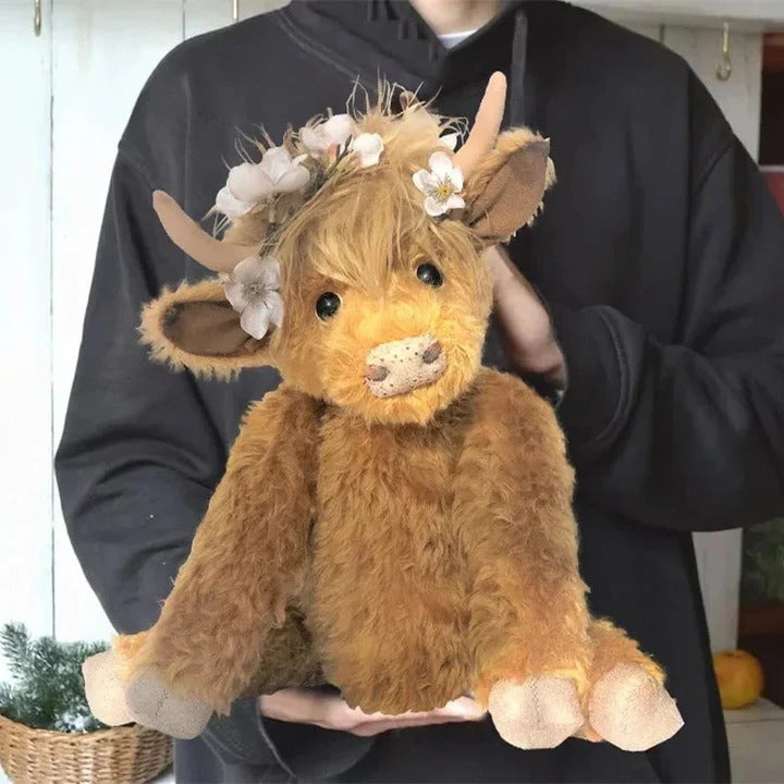 Highland Cow Plush Toy with Floral Design and Soft Fur