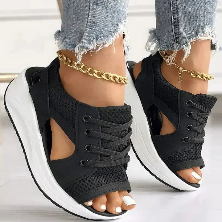 Flat Sandals with Lace-Up Design and Cutouts