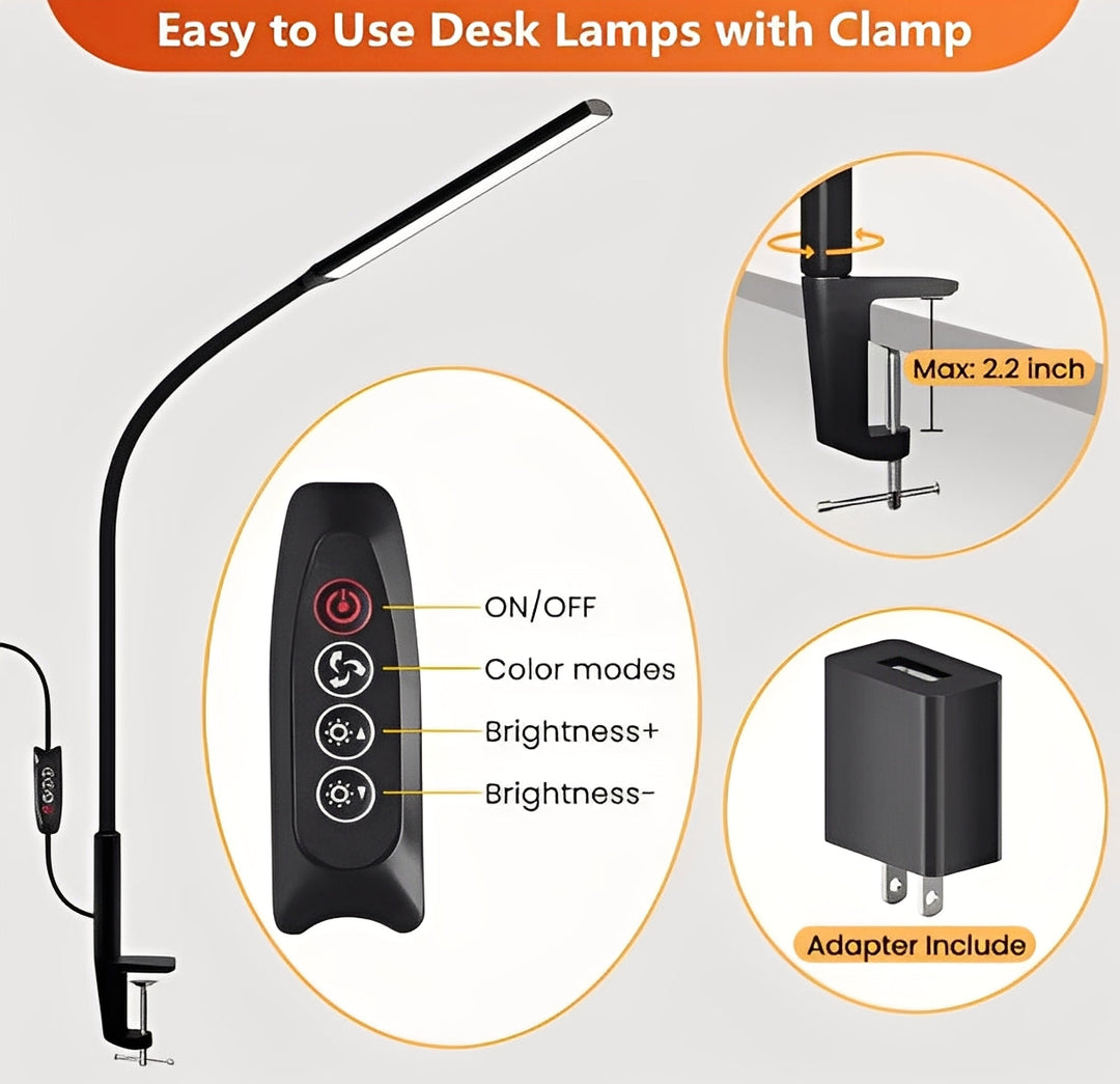 Desk Lamp with Gooseneck Clamp and Adjustable Brightness