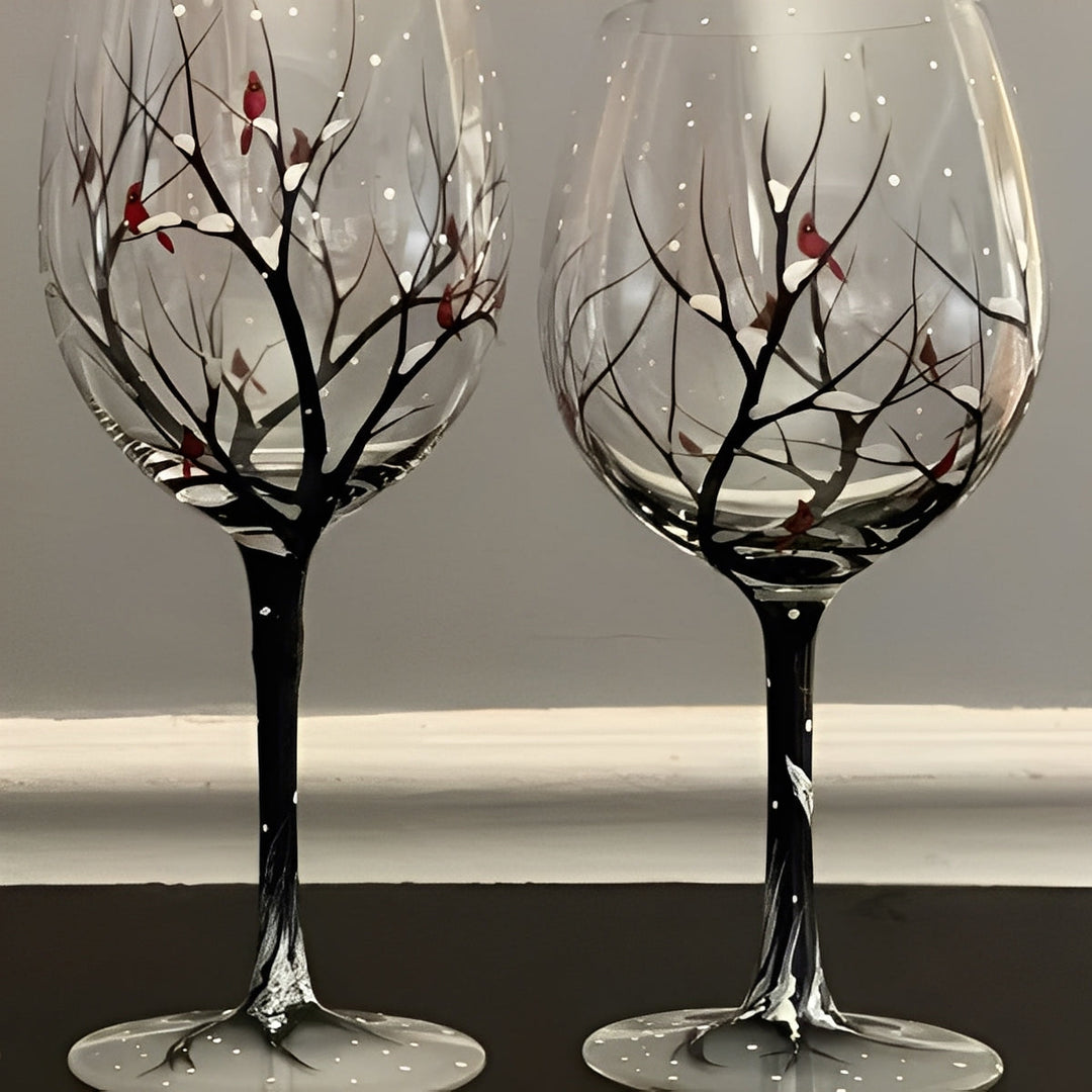 Wine Glass with Hand-Painted Tree Design