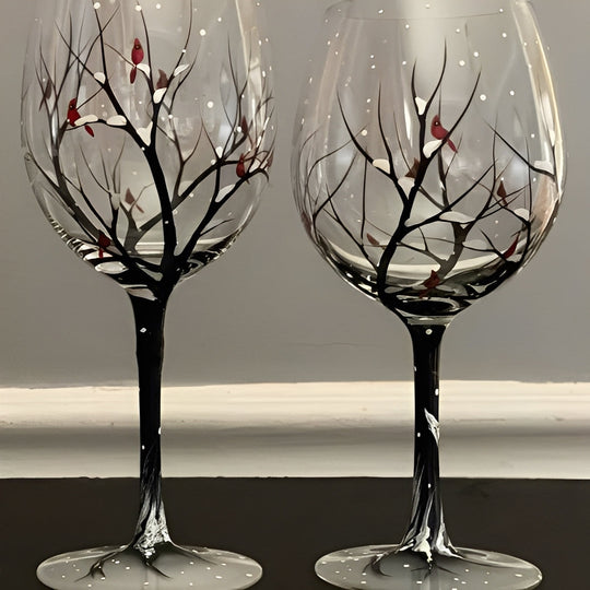 Wine Glass with Hand-Painted Tree Design