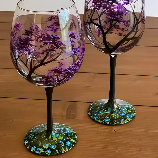 Wine Glass with Hand-Painted Tree Design