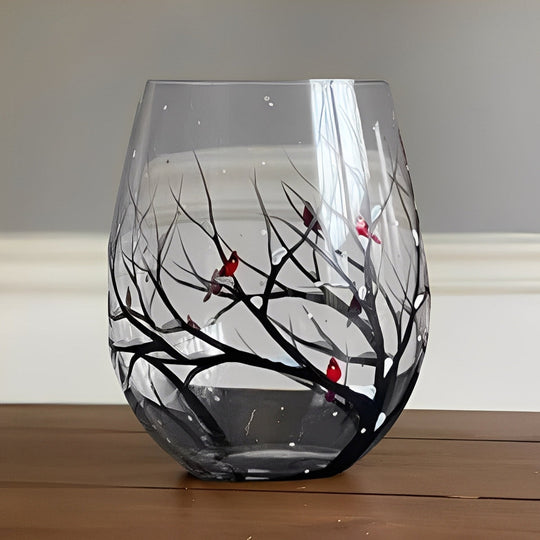 Wine Glass with Hand-Painted Tree Design