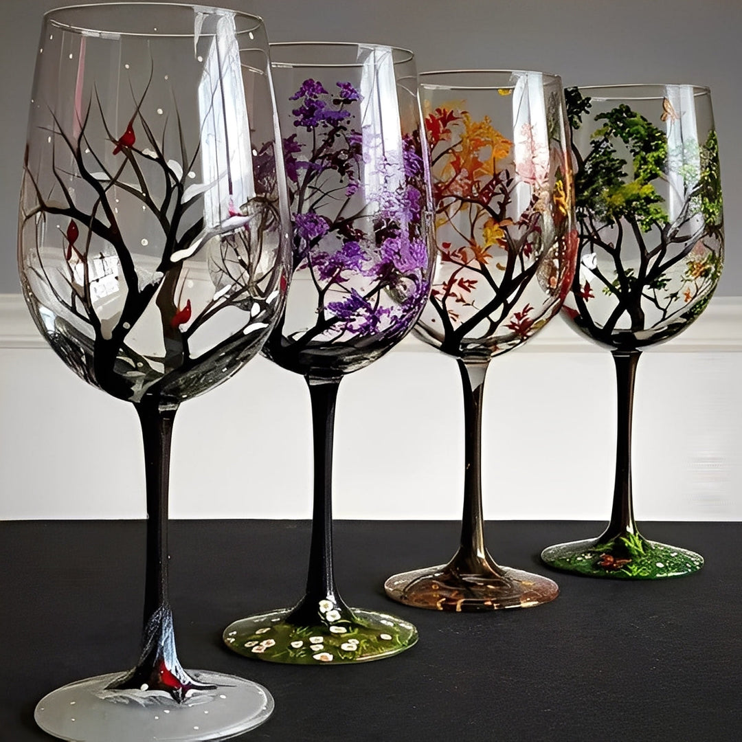Wine Glass with Hand-Painted Tree Design