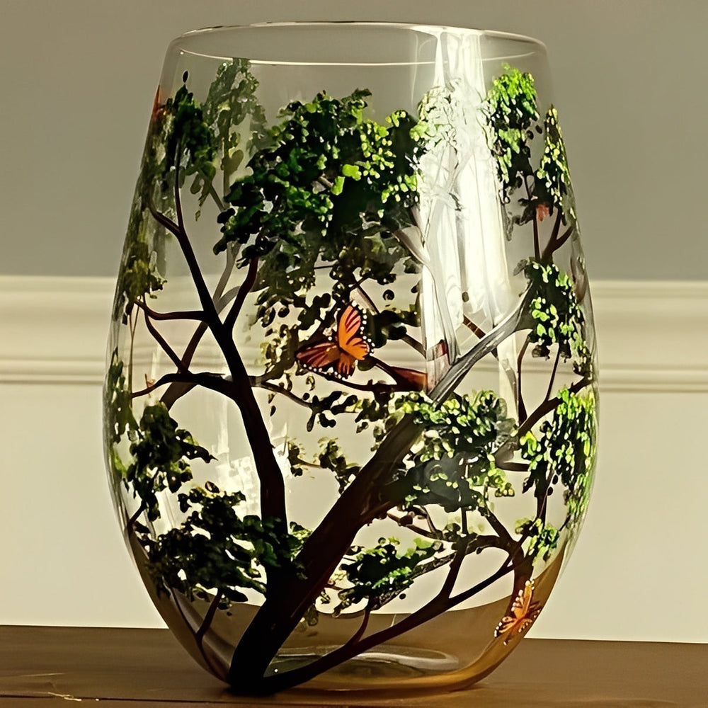 Wine Glass with Hand-Painted Tree Design