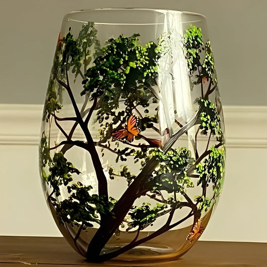 Wine Glass with Hand-Painted Tree Design