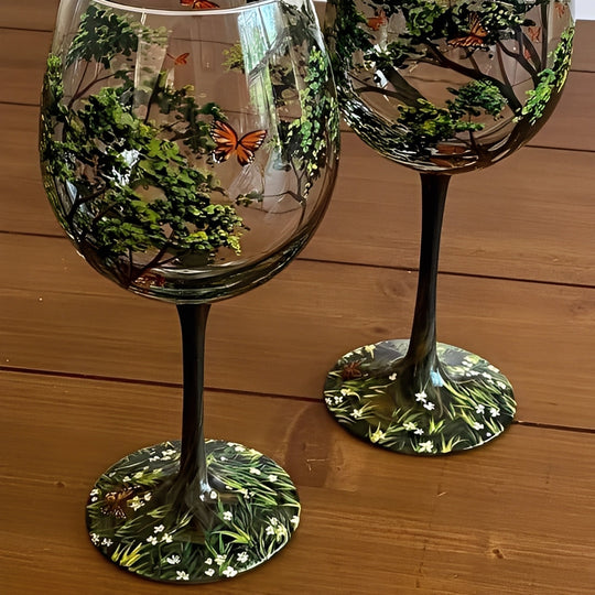 Wine Glass with Hand-Painted Tree Design