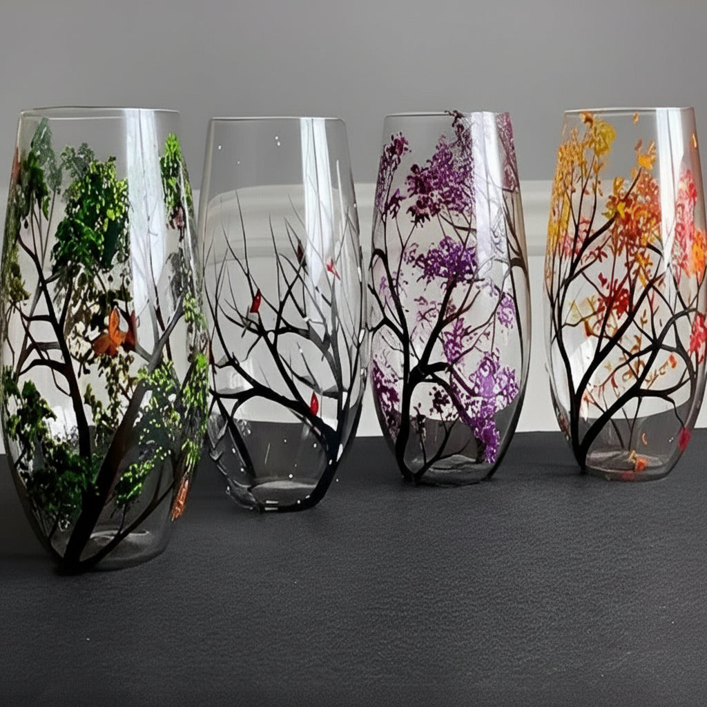 Wine Glass with Hand-Painted Tree Design
