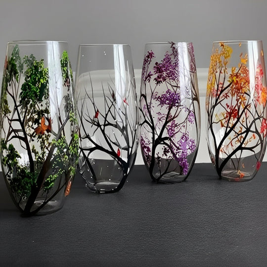 Wine Glass with Hand-Painted Tree Design