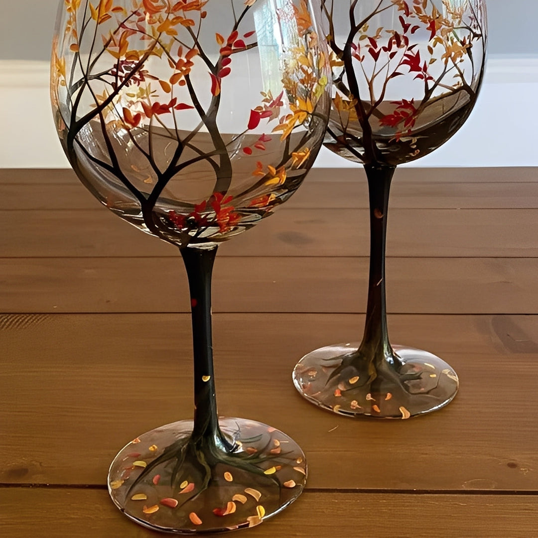 Wine Glass with Hand-Painted Tree Design