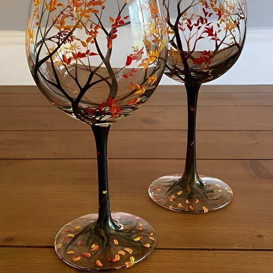 Wine Glass with Hand-Painted Tree Design