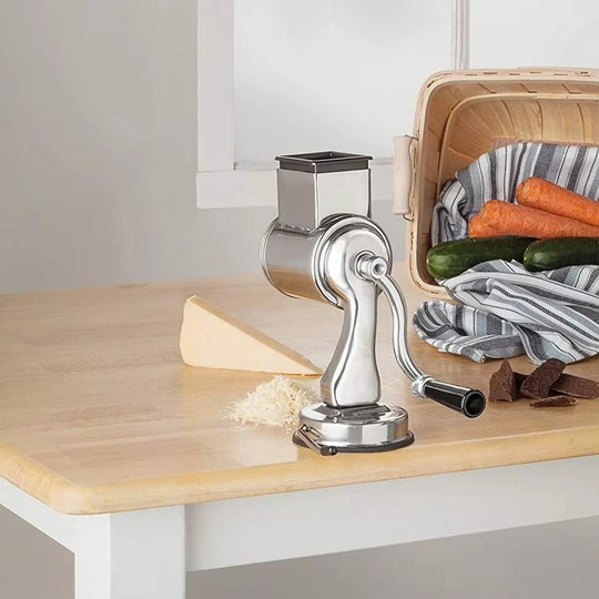 Food Grater with Interchangeable Blades and Stainless Steel Design