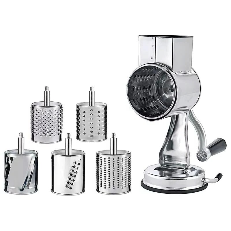 Food Grater with Interchangeable Blades and Stainless Steel Design