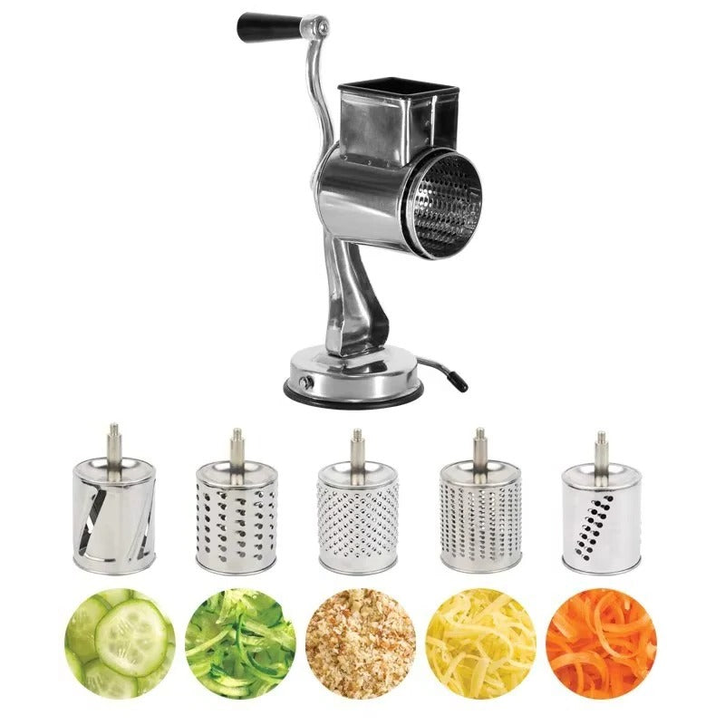 Food Grater with Interchangeable Blades and Stainless Steel Design